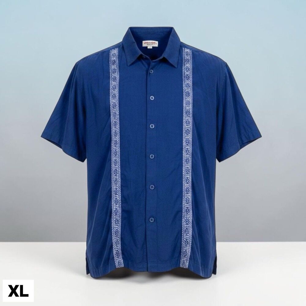 Vintage Silk Brand Shirt Mens XL Blue Short Sleeve Button 100% Silk Embroidered